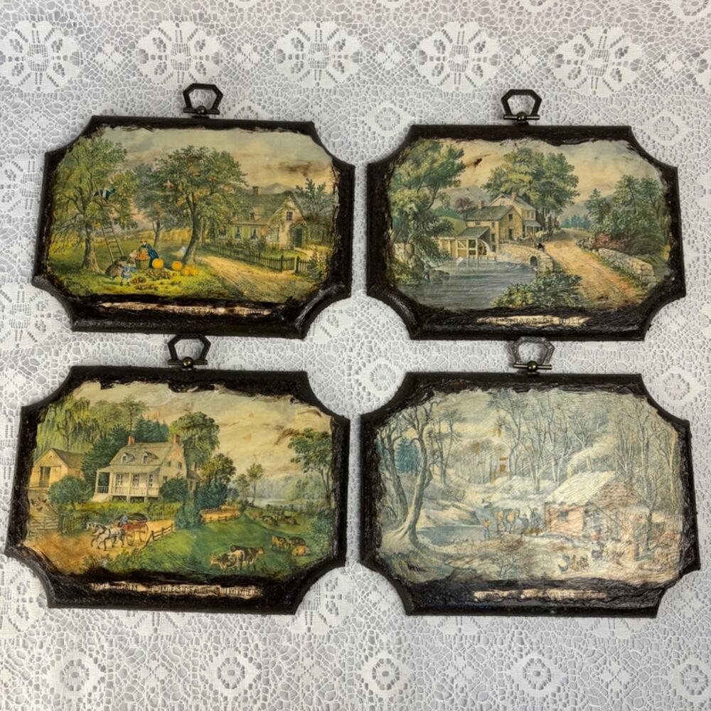 1971 Currier & Ives STAPCO Four Seasons Wall Plaques Set of 4 Americana